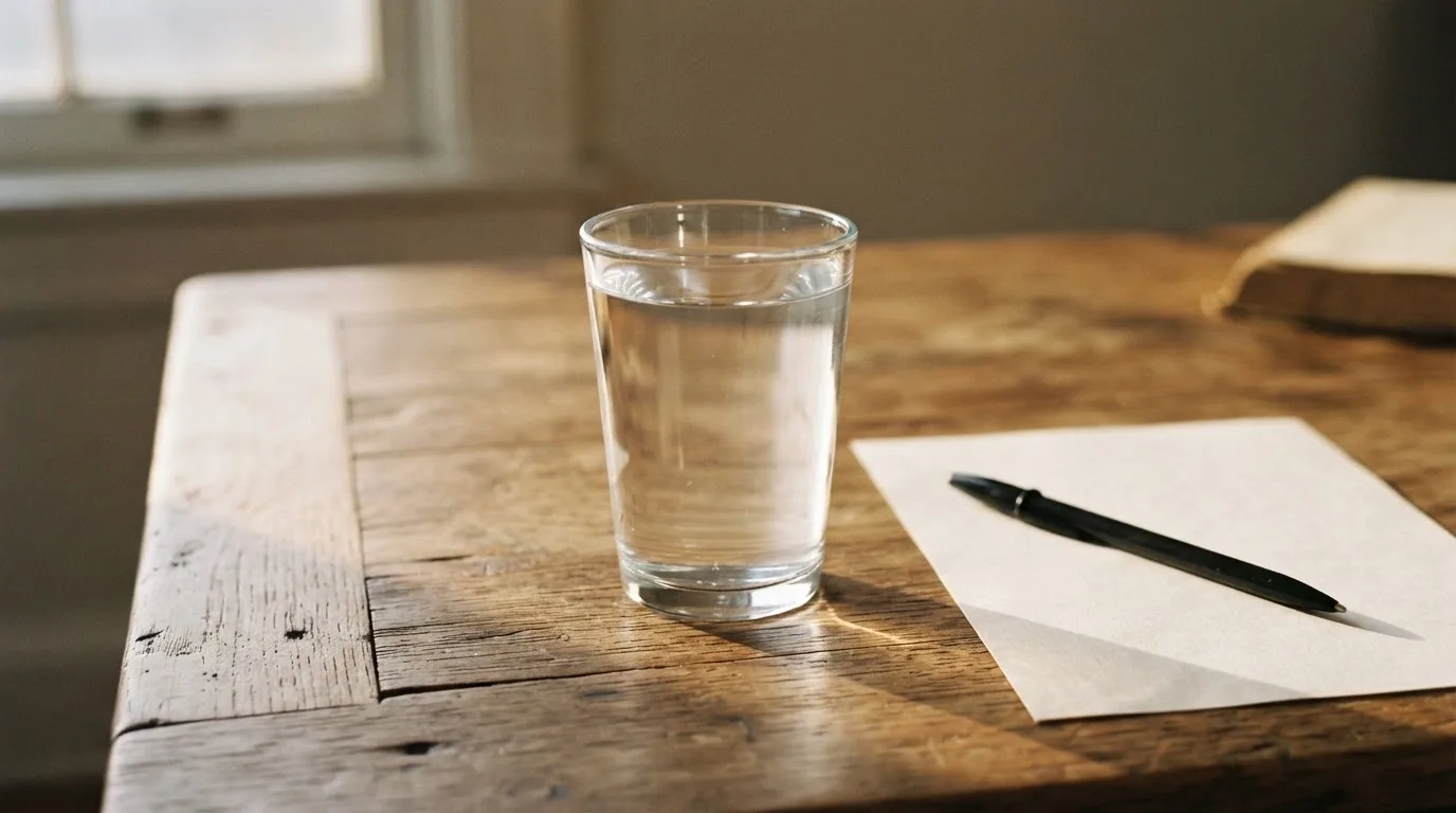 Ein Glas steht bis zum Rand gefüllt auf einem Holztisch, daneben ein Kugelschreiber und ein leeres Blatt Papier im Seitenlicht.