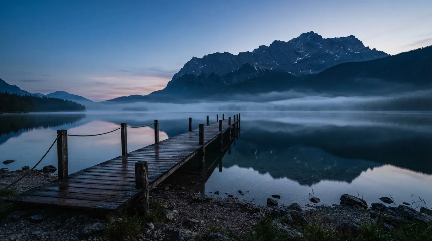 Ein Bergsee in der Dämmerung mit einem leeren Holzsteg, die Wasseroberfläche ist ruhig und Nebel zieht über die Hänge.