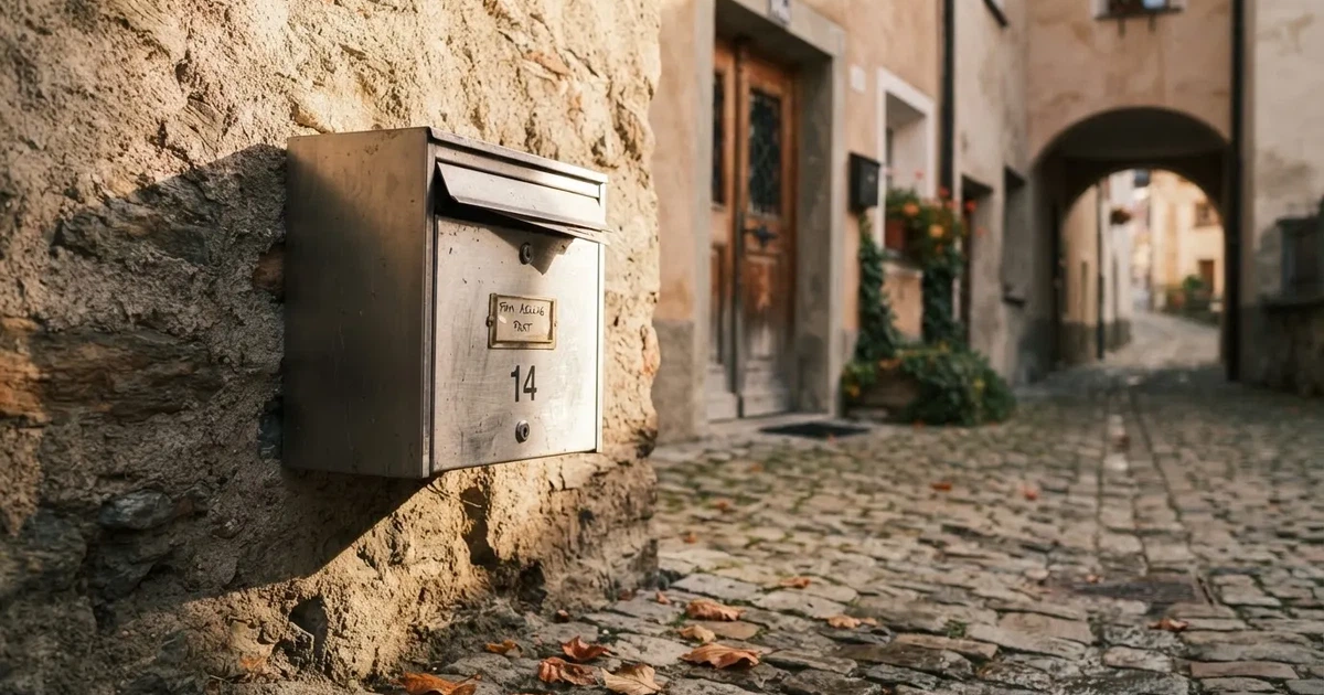 Ein Briefkasten aus Metall hängt an einer Steinmauer in einer Schweizer Gasse, Herbstlaub liegt auf dem Pflaster.