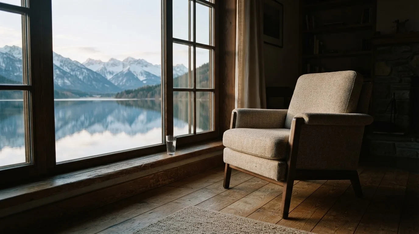 Ein leerer Sessel steht an einem Fenster mit Blick auf einen ruhigen See und schneebedeckte Berge im Morgenlicht.