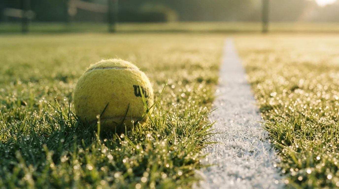Ein gelber Tennisball liegt im Gras neben der weissen Grundlinie, Tau glitzert auf den Halmen im flachen Sonnenlicht.
