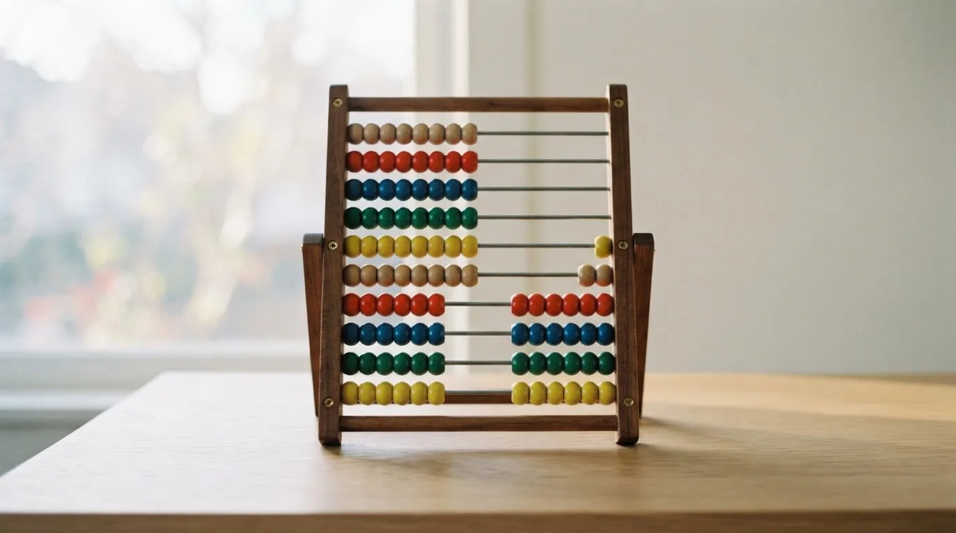 Ein Abakus mit bunten Holzperlen steht auf einem hellen Schreibtisch vor einem unscharfen Fenster.