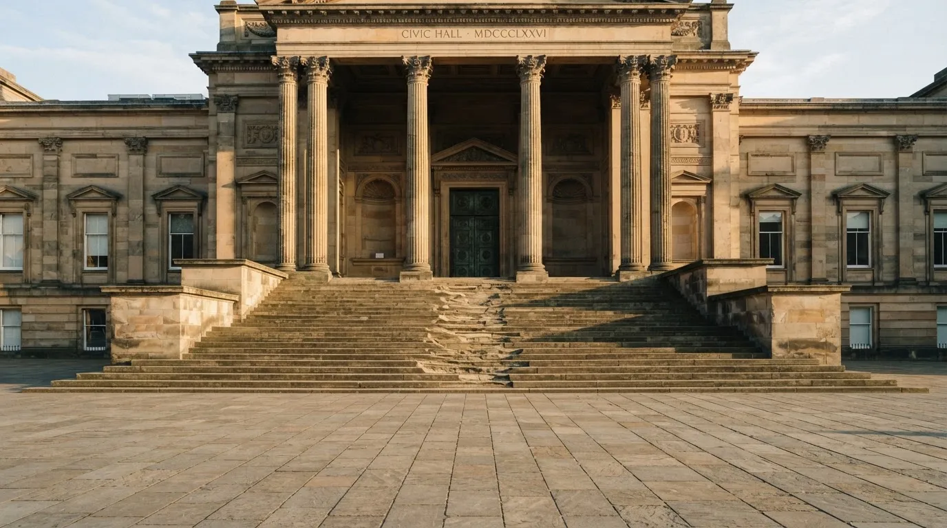 Eine steinerne Treppe führt zu einem Portal mit Säulen im Morgenlicht, der Platz davor ist leer.