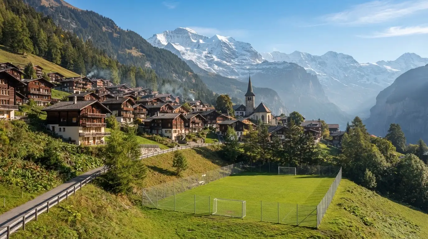 Ein Schweizer Bergdorf mit Kirchturm und einem kleinen Fussballplatz am Hang, im Hintergrund schneebedeckte Gipfel.