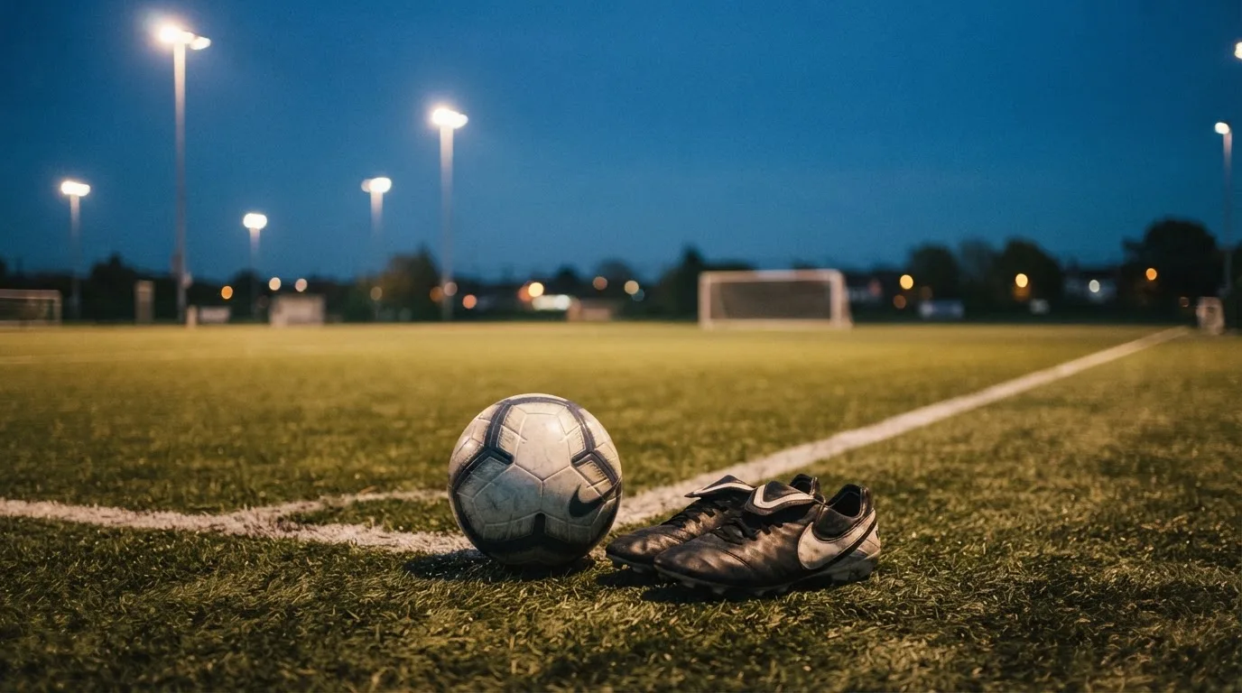 Ein Fussball und ein Paar Stollenschuhe stehen am Rand eines Kunstrasenplatzes, Flutlichtmasten ragen in den Abendhimmel.