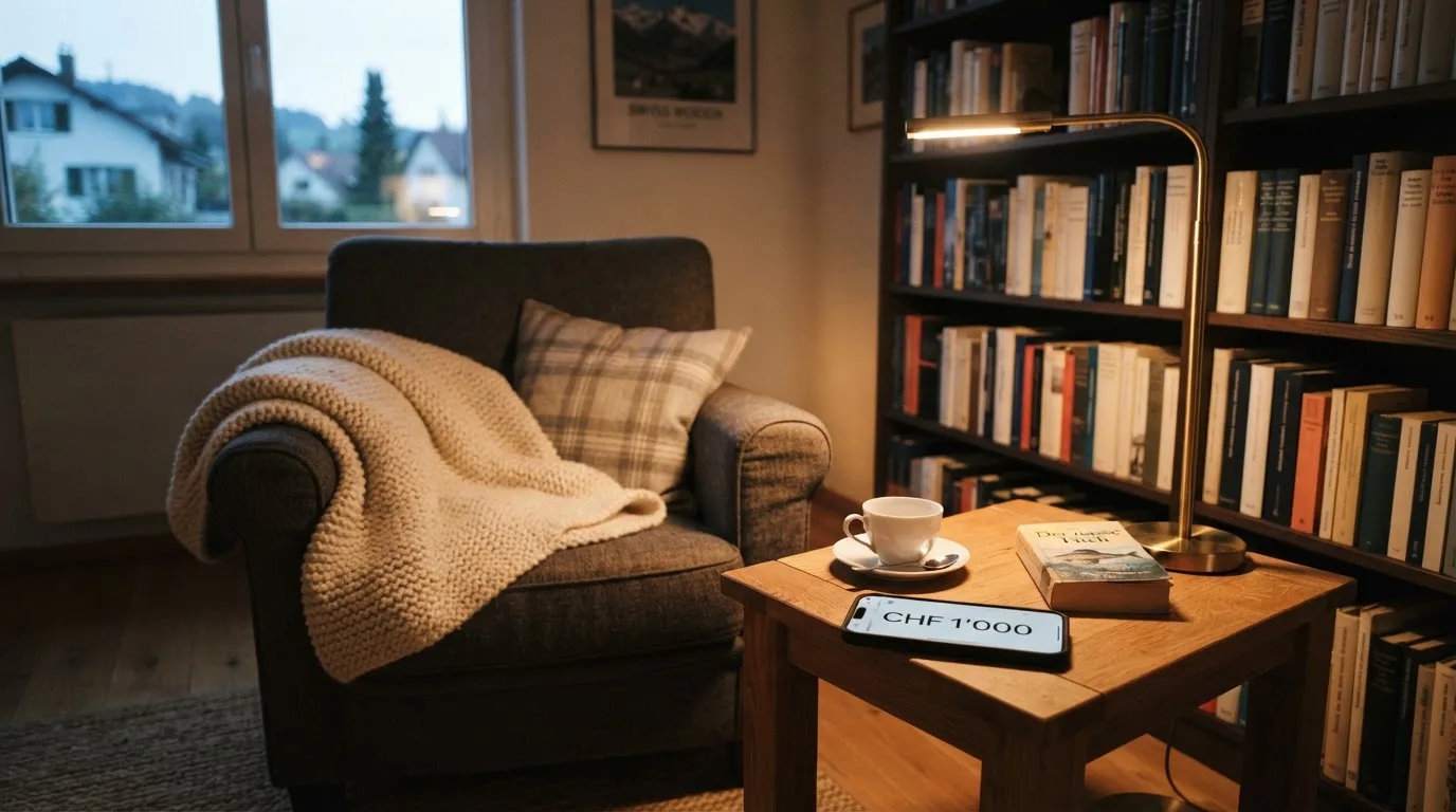 Ein Lesesessel mit Wolldecke steht neben einem Bücherregal und einer Stehlampe, auf dem Tisch eine Teetasse.