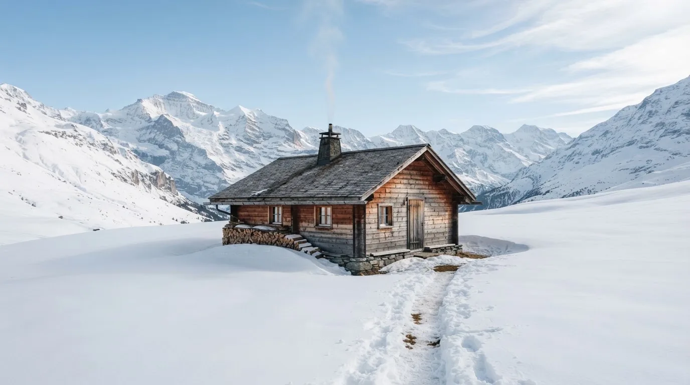 Eine Berghütte im Schnee mit rauchendem Kamin steht vor klarem Himmel, ein Pfad führt in die Stille.