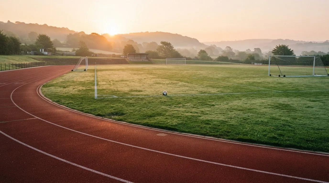 Eine rote Laufbahn umringt ein Fussballfeld beim Sonnenaufgang, auf dem Rasen liegt Tau.