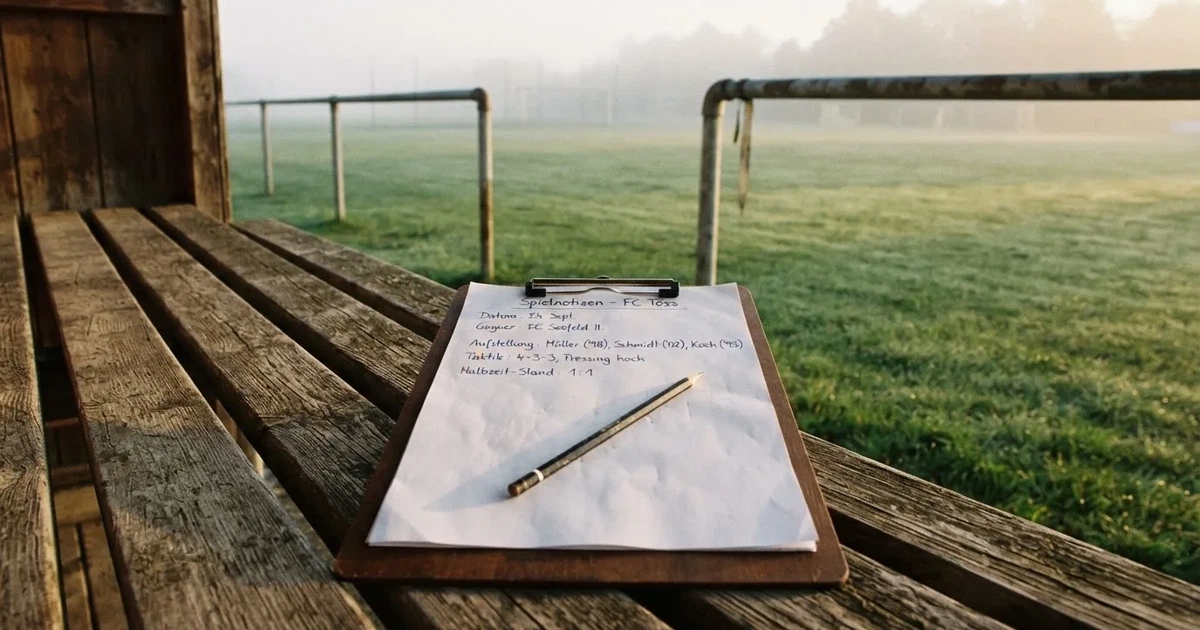 Ein Klemmbrett mit leerem Papier und ein Bleistift liegen auf einer Tribünenbank, darunter ein Rasenplatz im Frühnebel.