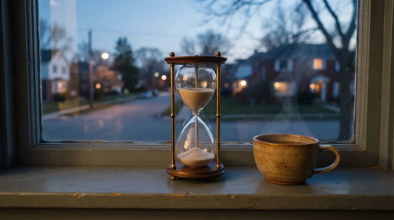 Eine Sanduhr steht auf einem Fensterbrett neben einer Tasse Tee, draussen dämmert es über einer ruhigen Strasse.