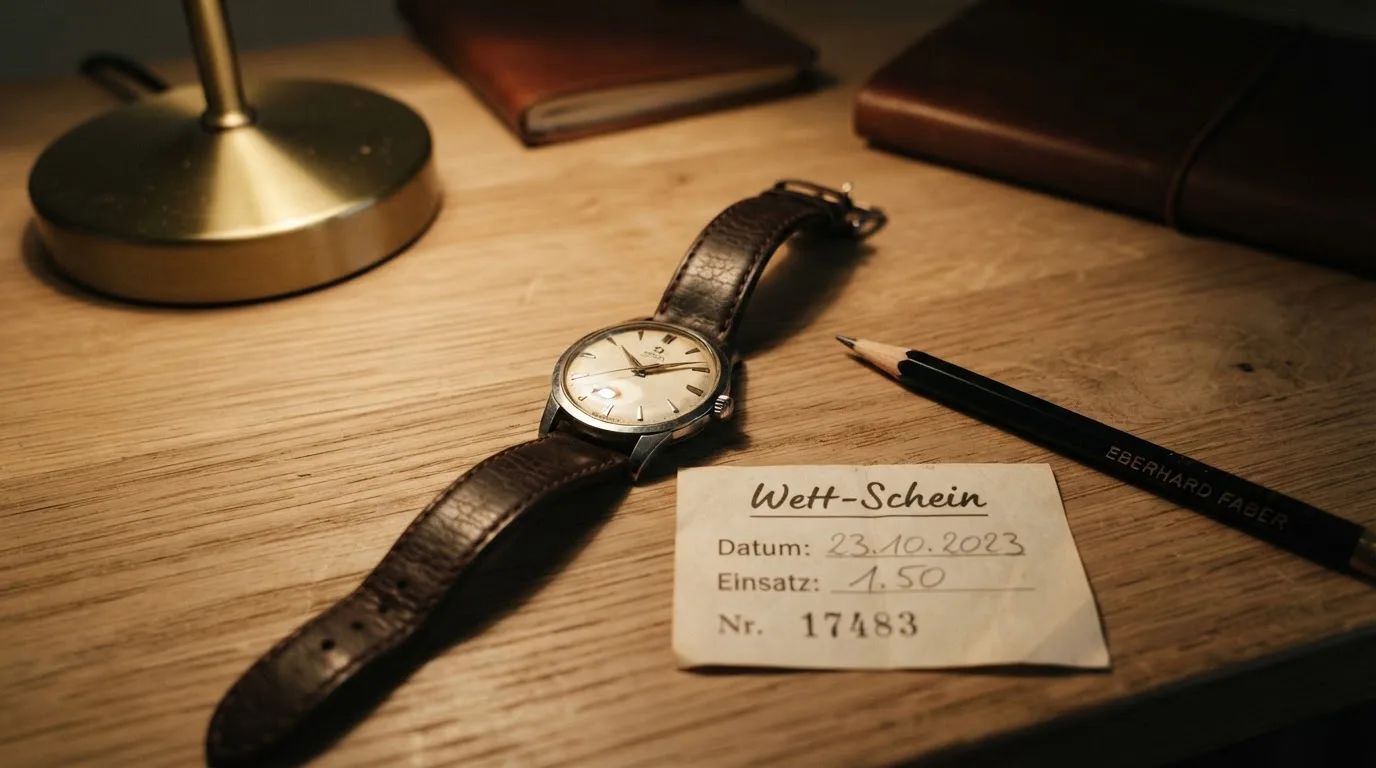 Eine Armbanduhr und ein gespitzter Bleistift liegen auf einem hellen Holztisch im Licht einer Schreibtischlampe.