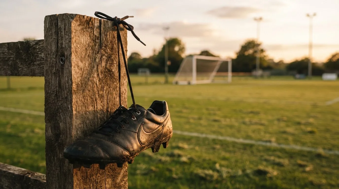 Ein Fussballschuh hängt an den Schnürsenkeln an einem Zaunpfosten neben einem Trainingsplatz im Abendlicht.
