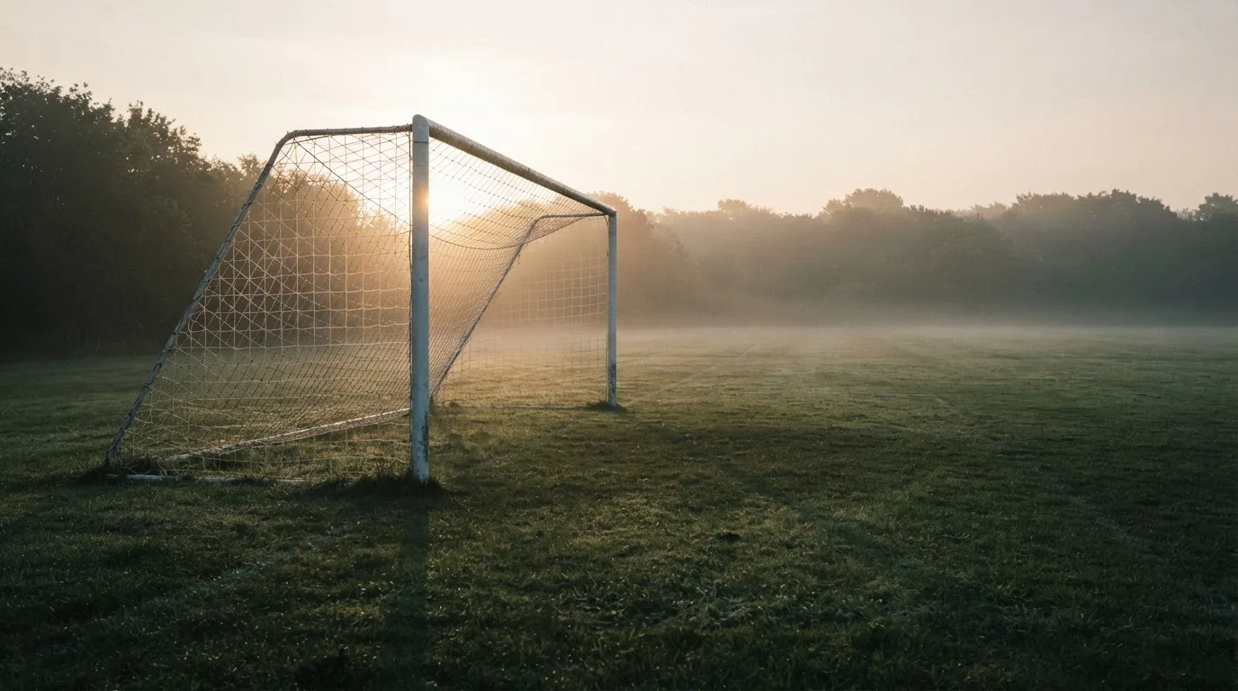 Ein Torpfosten mit Netz steht im Gegenlicht auf einem leeren Fussballplatz, über dem Rasen liegt Nebel.