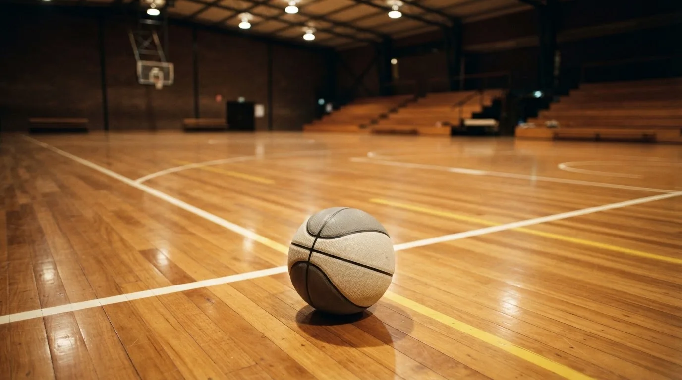Ein Basketball liegt auf dem Parkett einer leeren Sporthalle im Licht der Deckenlampen.