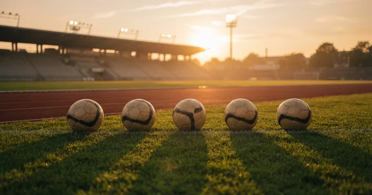 Fünf Fussbälle liegen in einer Reihe auf einer Rasenkante, die Sonne steht tief über dem Platz.