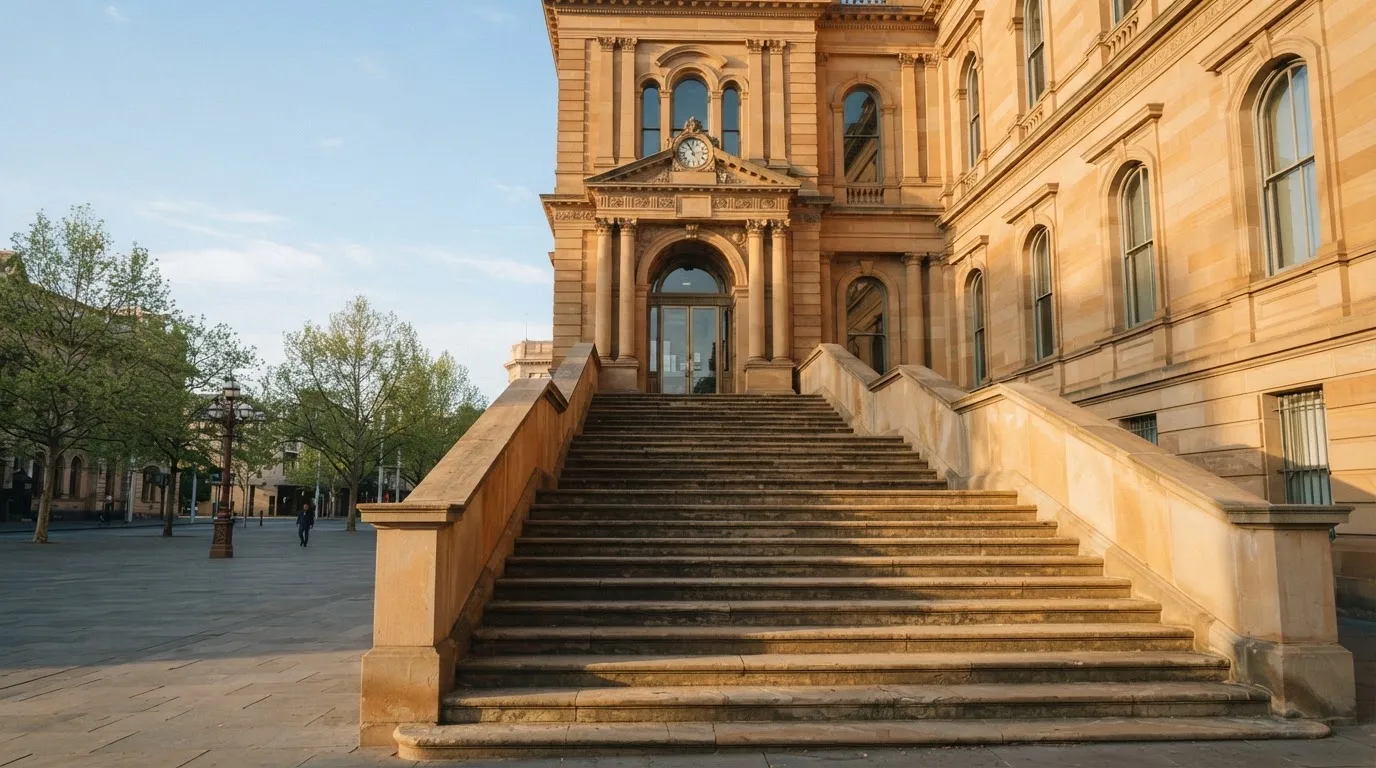 Eine breite Treppe aus Sandstein führt im Morgenlicht zu einem hohen Gebäude.