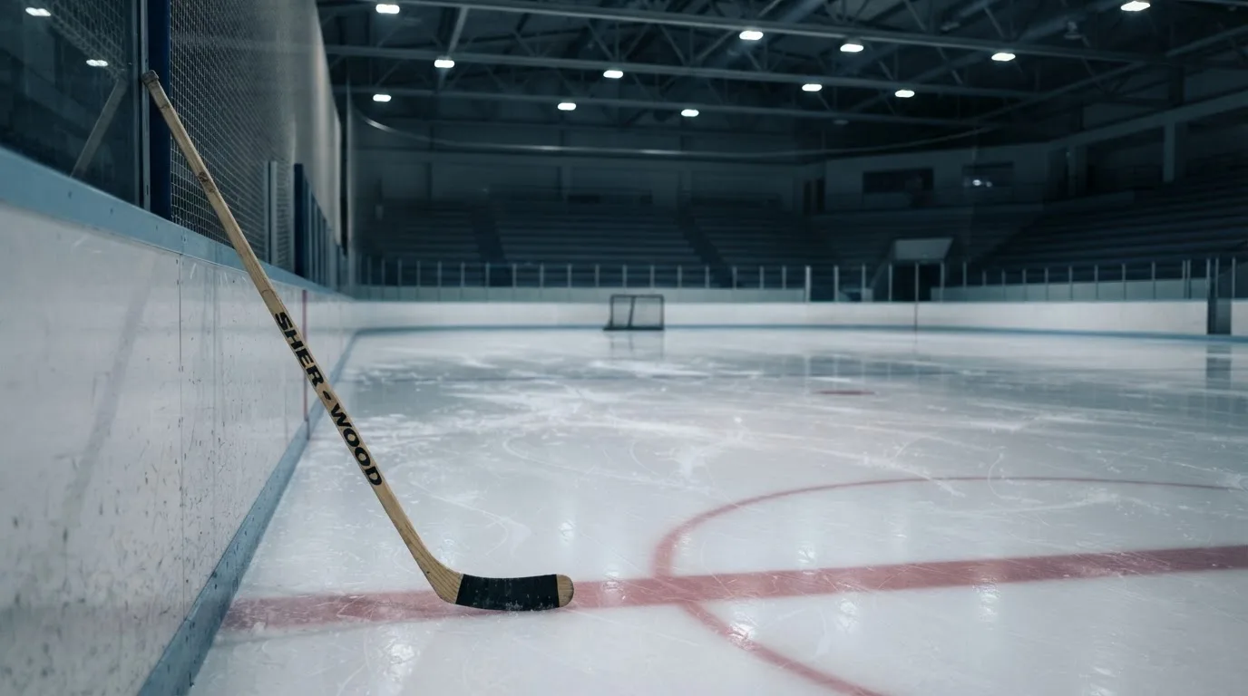 Ein Eishockeyschläger lehnt an der Bande einer leeren Halle, auf dem Eis spiegeln sich die Deckenlampen.