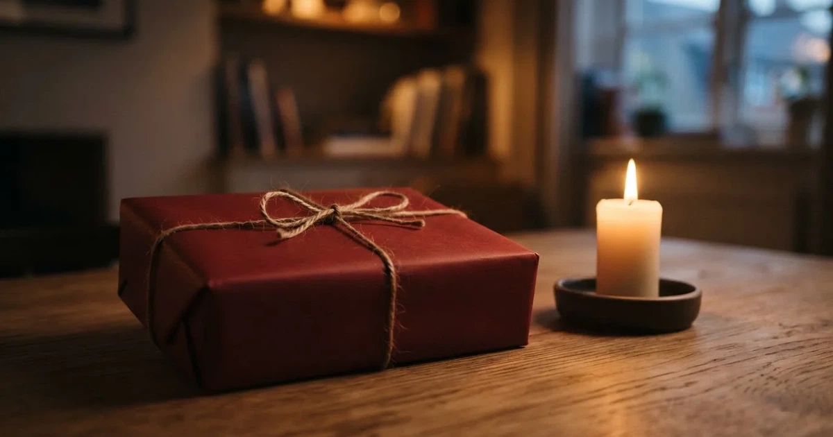 Ein einzelnes Geschenkpaket mit Schnur liegt auf einem Holztisch neben einer brennenden Kerze.