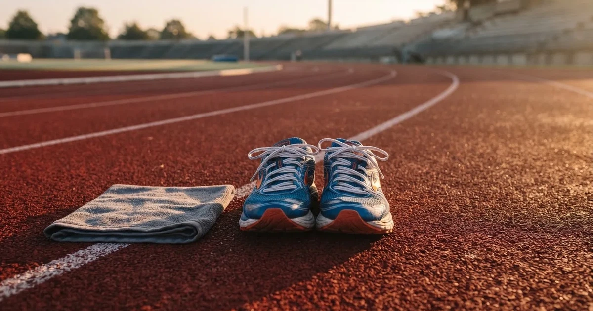 Ein Paar frisch geschnürter Laufschuhe steht auf einer roten Tartanbahn im Morgenlicht, daneben liegt ein Handtuch.