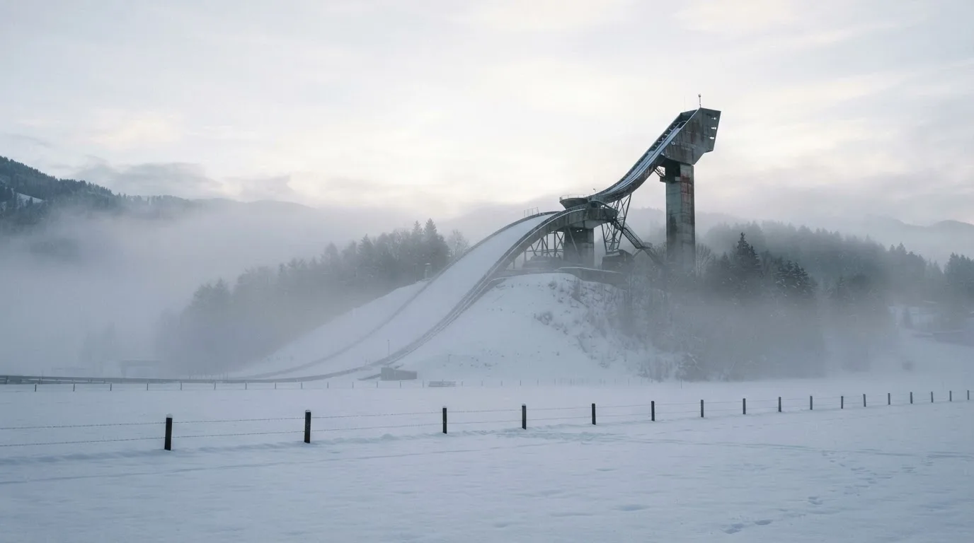 Eine Skisprungschanze ragt aus der Ferne gesehen in den Morgennebel, davor ein verschneites Feld.