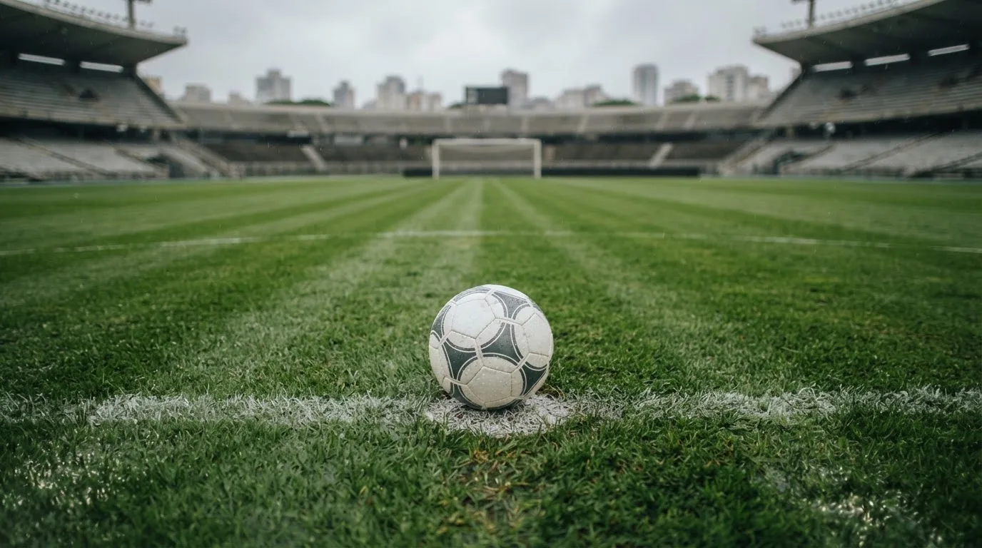 Ein einzelner Fussball liegt auf dem Elfmeterpunkt eines leeren Strafraums, der Rasen glänzt nass.