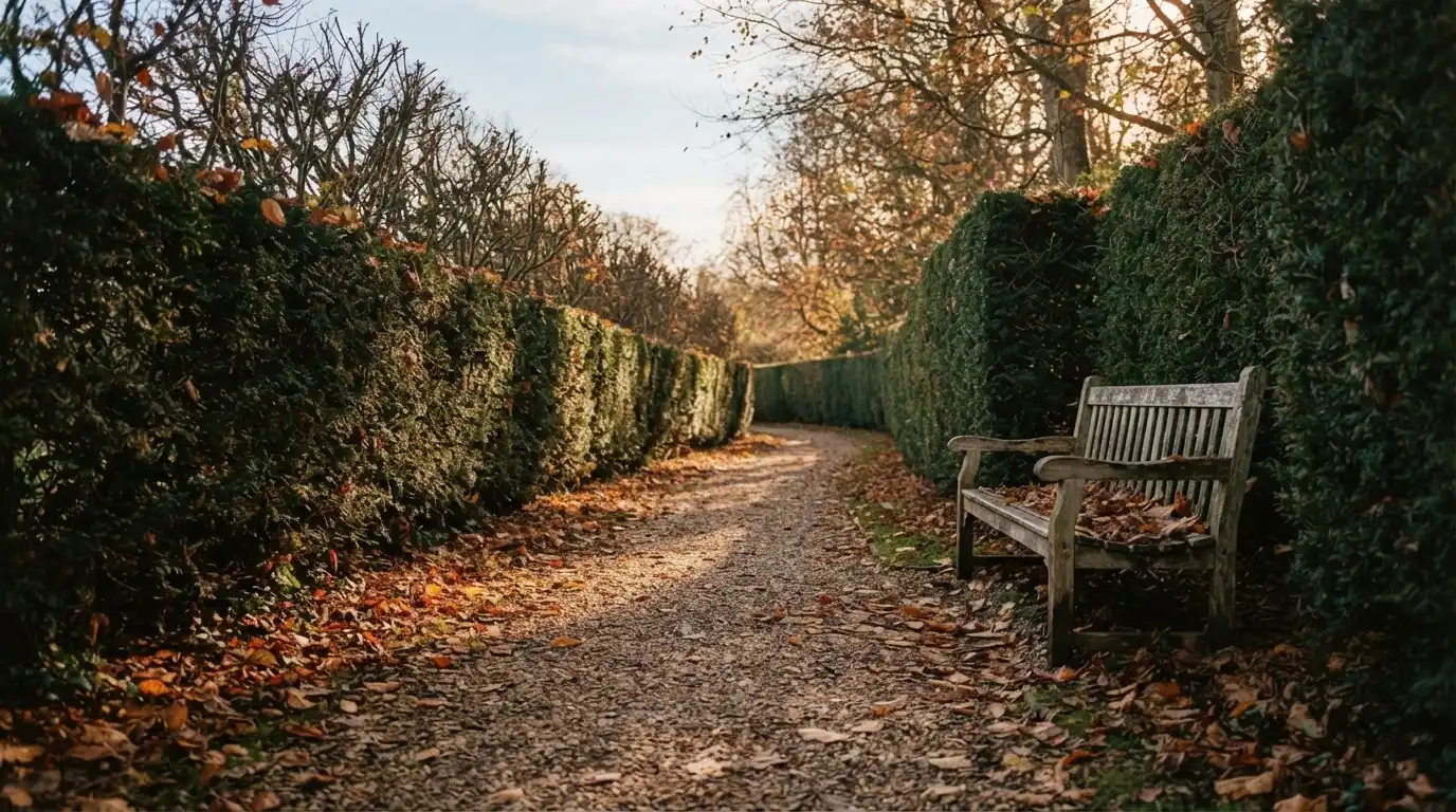 Ein schmaler Kiesweg führt zwischen zwei Hecken durch einen Park, auf dem Weg liegt Herbstlaub.