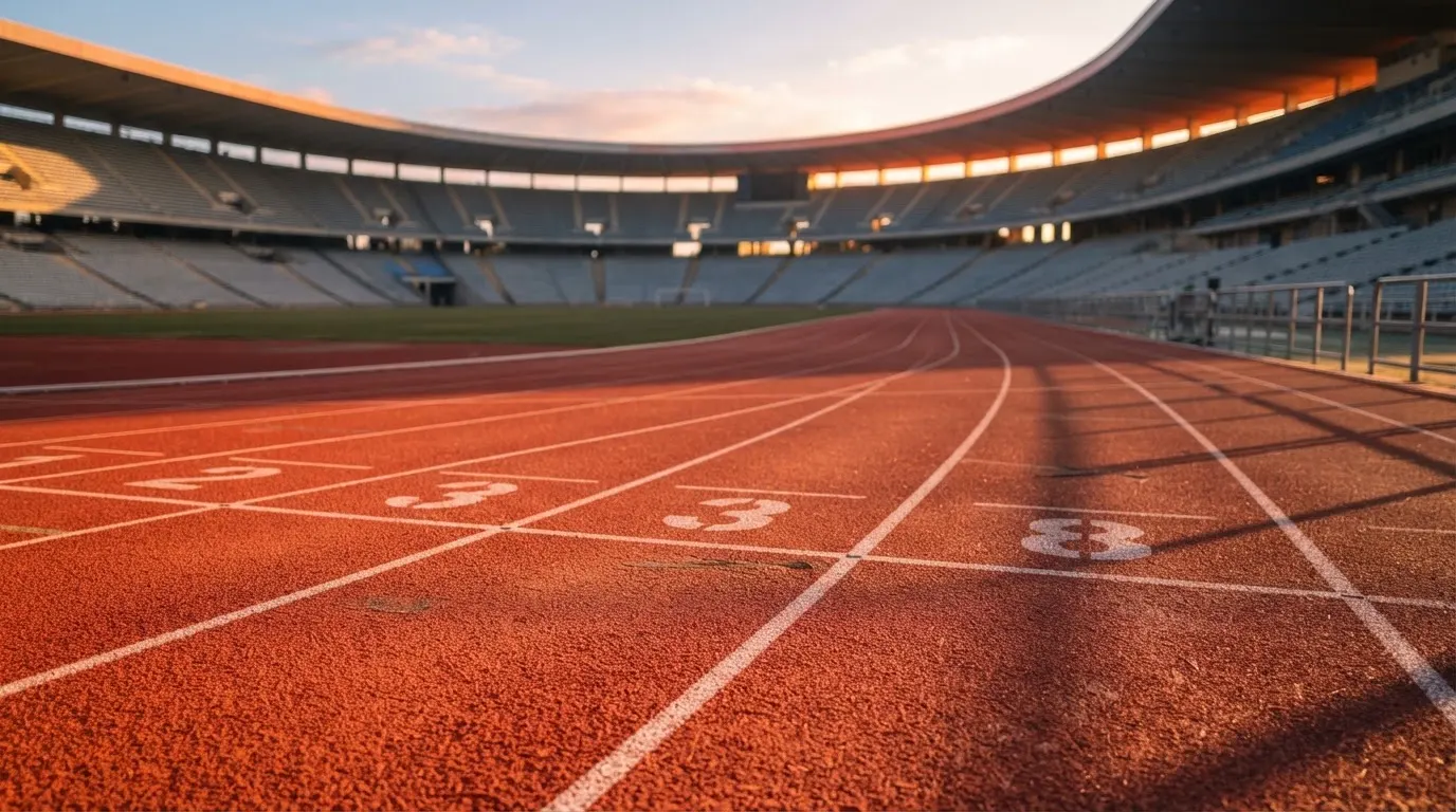 Eine rote Laufbahn in einem leeren Stadion bei Sonnenaufgang, die Bahnen ziehen sich in die Kurve.