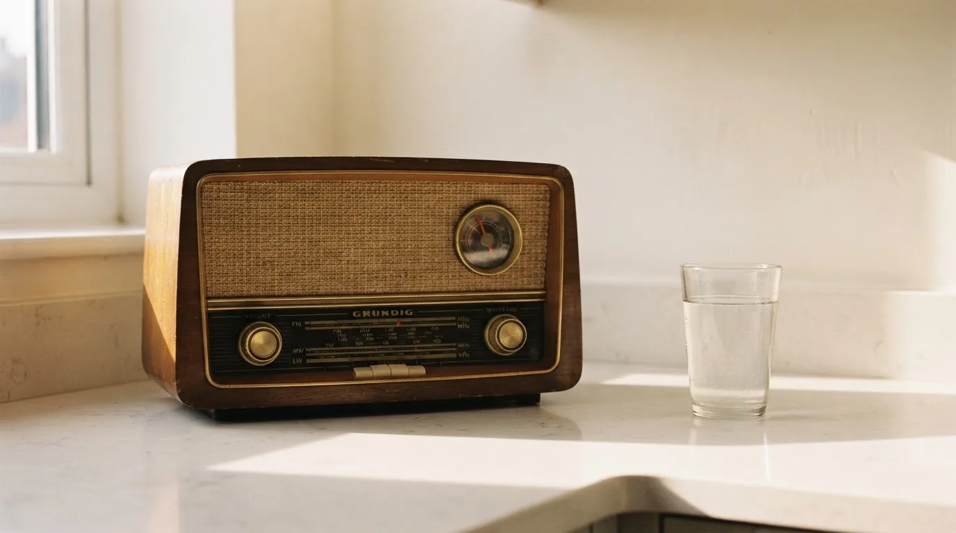 Ein altes Radio steht auf einer Küchenablage neben einem Glas Wasser, Morgenlicht fällt durchs Fenster.