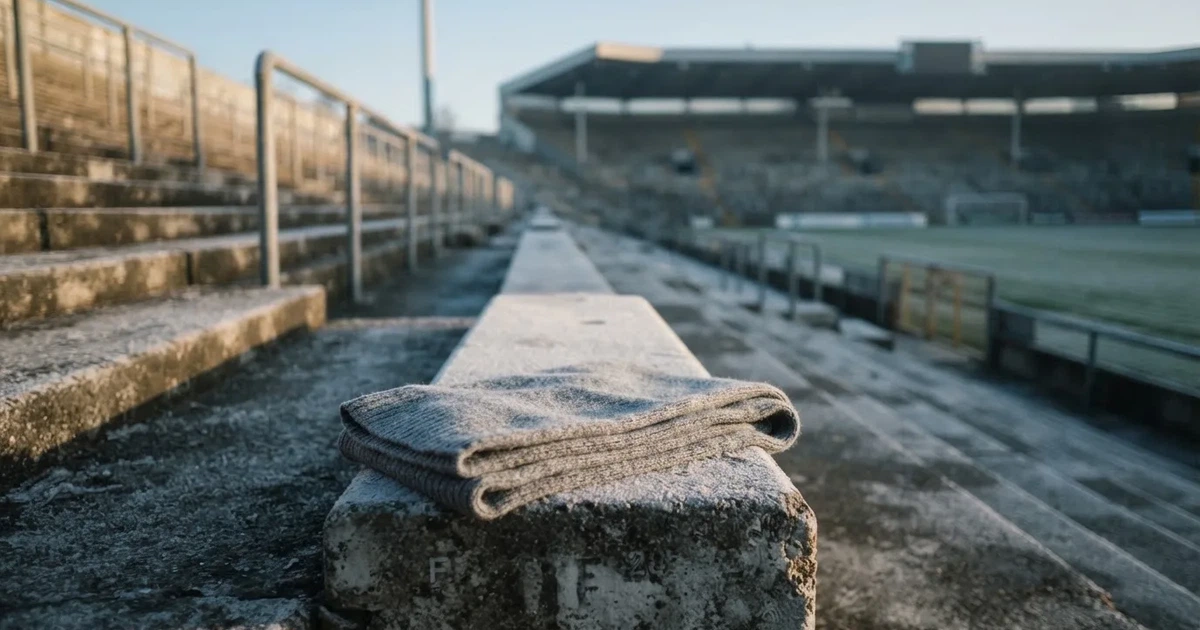 Ein einfarbiger grauer Schal liegt auf einer leeren Betontribüne, Raureif auf den Sitzen, kühles Morgenlicht über dem Stadion