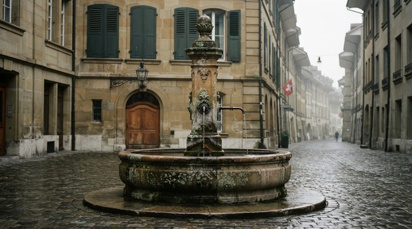 Ein Brunnen vor einer Sandsteinfassade in einer Altstadtgasse, nasses Kopfsteinpflaster und gedämpftes Licht eines bewölkten Morgens