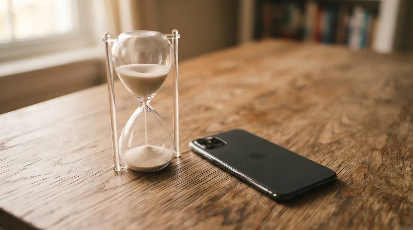 Eine Sanduhr steht neben einem Smartphone mit dunklem Display auf einem Holztisch, ruhiges Tageslicht fällt von der Seite ein
