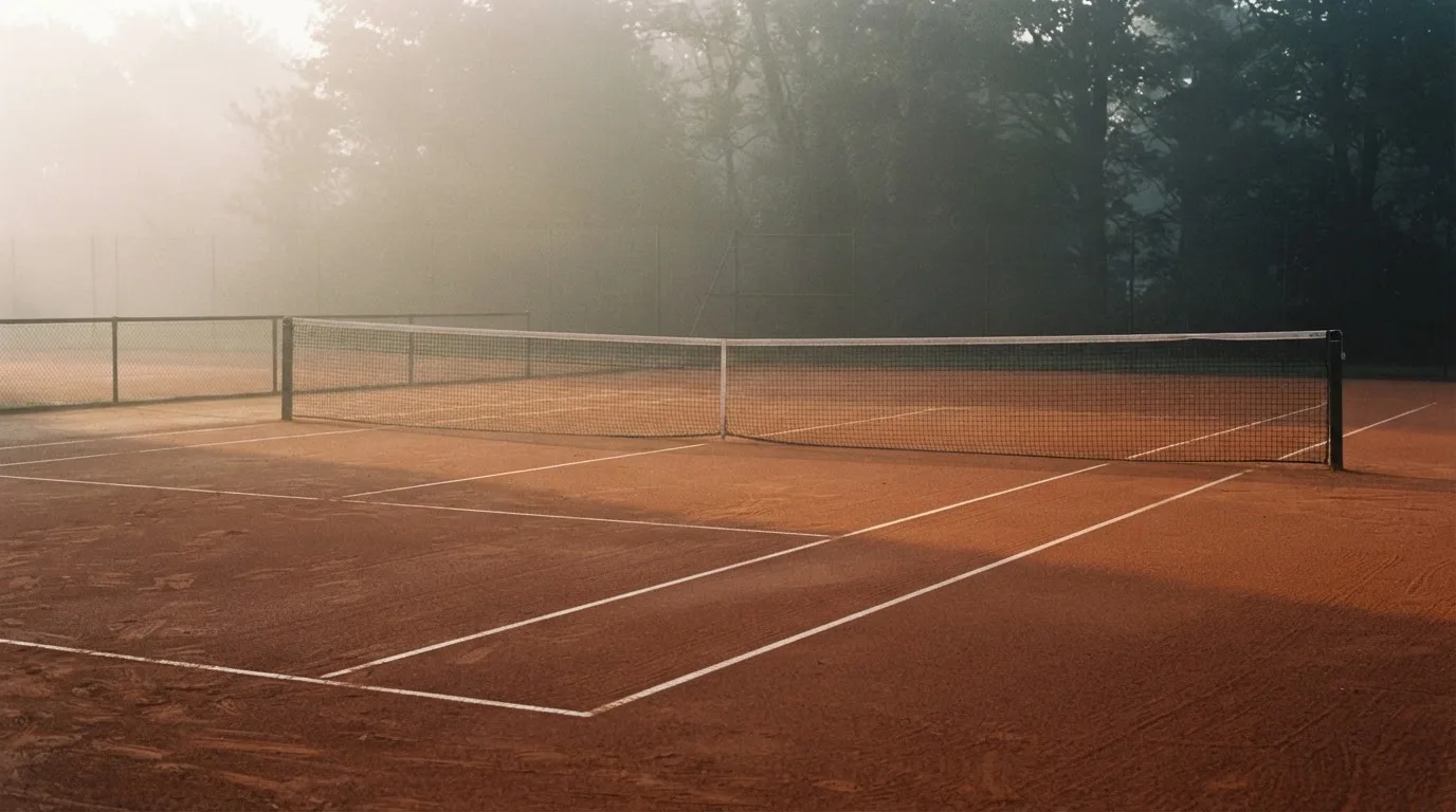 Ein Tennisplatz mit Sandbelag in der Morgendämmerung, Netz und Linien liegen im ersten Licht, Nebel hängt über dem Boden