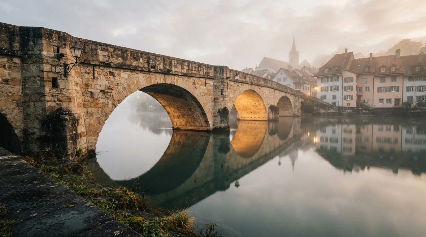 Eine steinerne Brücke über einen Fluss in einer Kleinstadt am frühen Morgen, Nebel zieht zwischen den Dächern hindurch