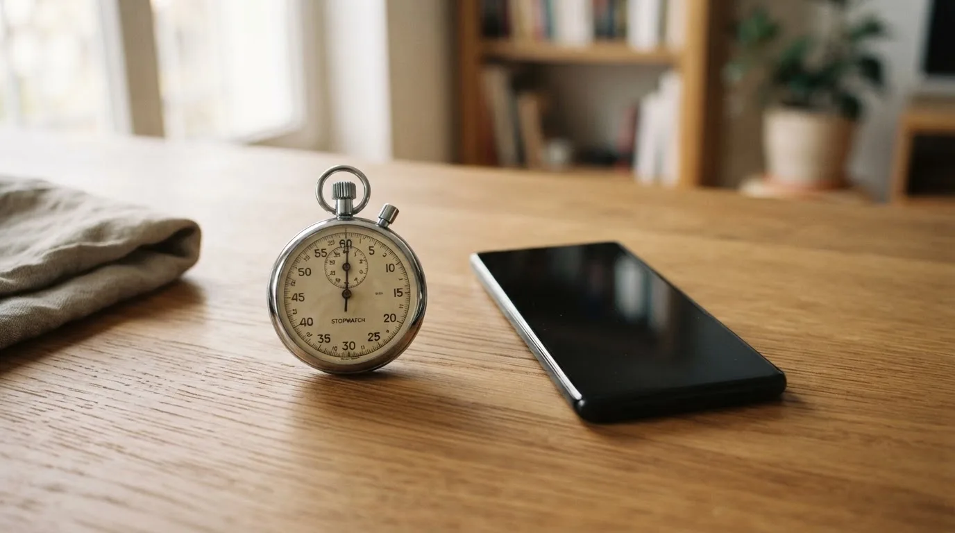 Eine Stoppuhr und ein Smartphone mit dunklem Display liegen nebeneinander auf einem Holztisch, weiches Fensterlicht