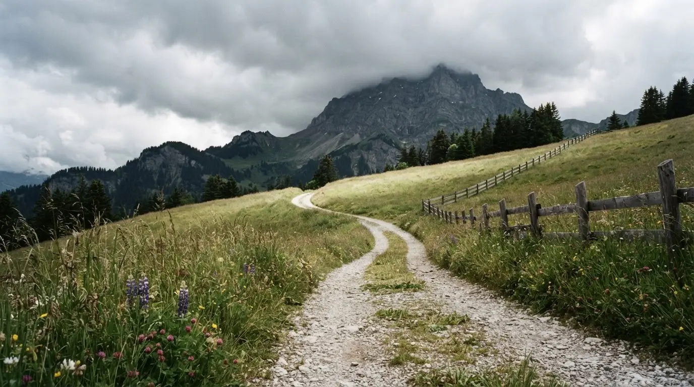 Ein Feldweg führt durch eine Alpwiese mit Holzzaun, im Hintergrund hängen Wolken über einem felsigen Gipfel