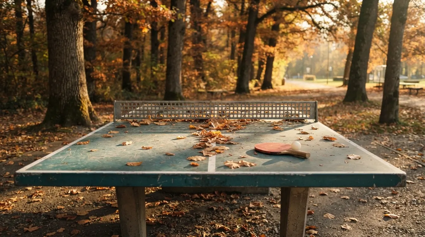 Eine Tischtennisplatte im Freien unter Bäumen, Herbstlaub liegt auf der Platte, das Licht fällt schräg durch die Äste