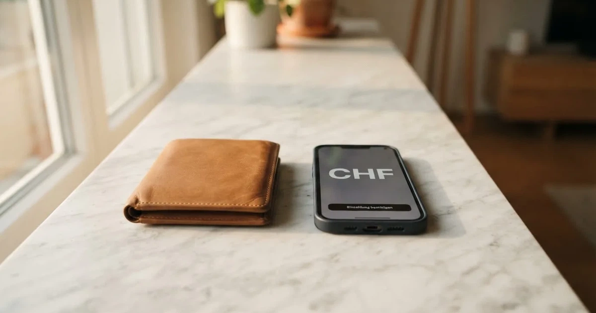 Ein Lederportemonnaie, daneben ein kleiner Stapel Münzen auf einer hellen Marmorplatte im Tageslicht