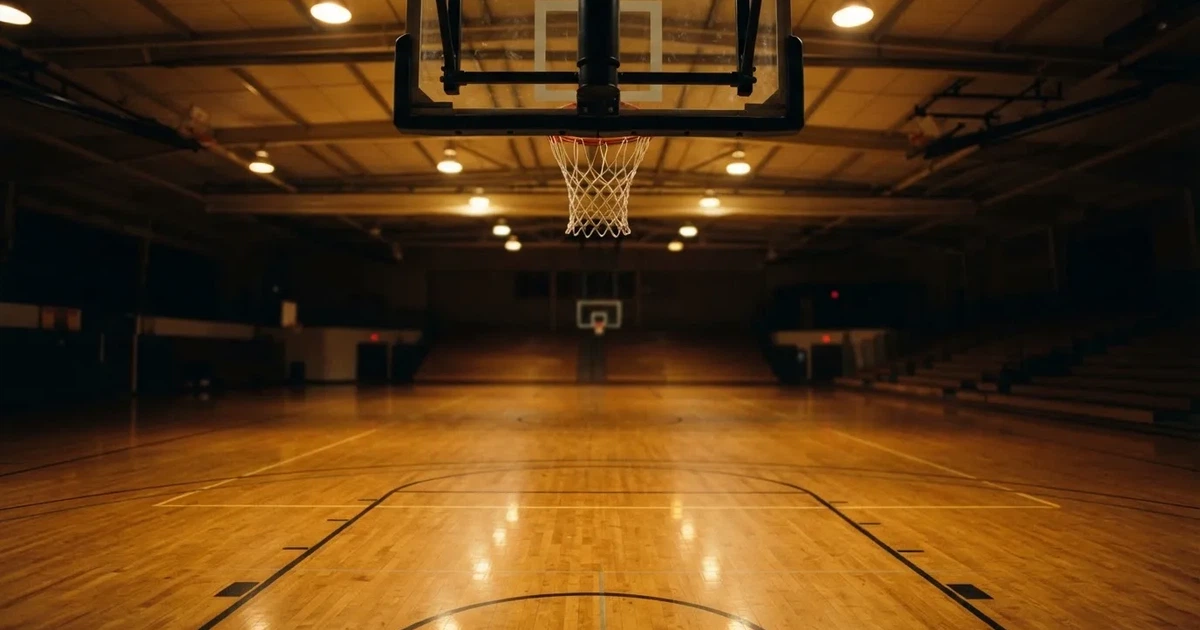 Ein Basketballkorb in einer leeren Halle, der Parkettboden glänzt im Licht der Deckenlampen