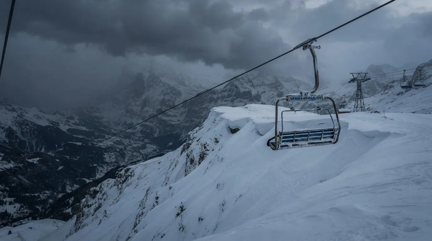 Ein Sessel eines Skilifts schwebt über einer verschneiten Hangkante, dahinter ziehen graue Wolken auf