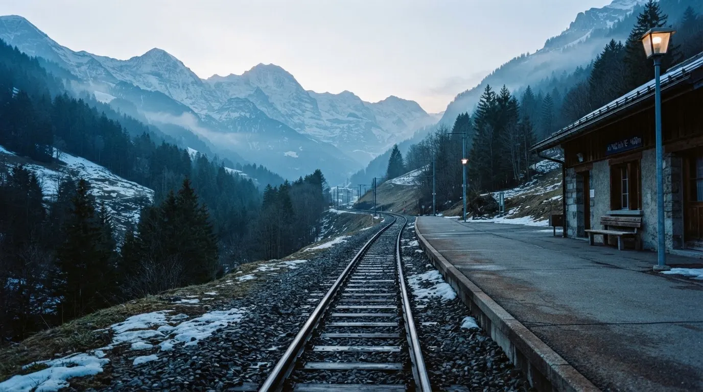 Ein Bahngleis in den Bergen mit Schneeresten und einem leeren Perron im Morgengrauen