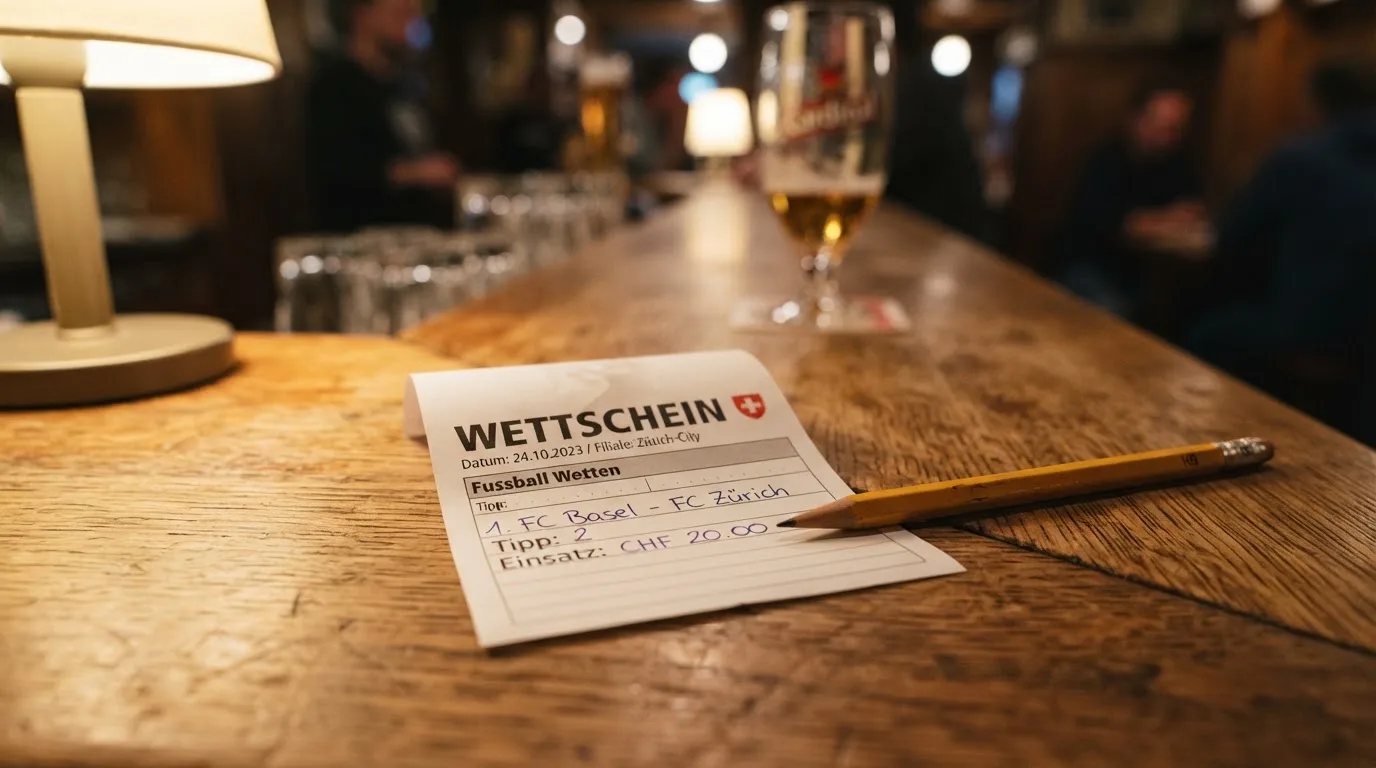 Ein leerer Wettschein aus Papier und ein Bleistift liegen auf einem Holztresen, warmes Licht einer Lampe