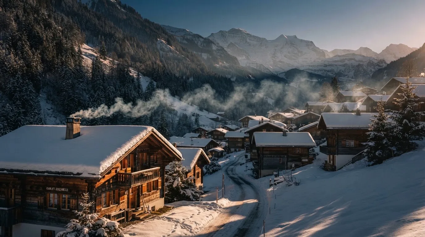 Ein Bergdorf mit Holzhäusern im Schnee, Rauch steigt aus einem Kamin, später Nachmittag mit tiefem Licht