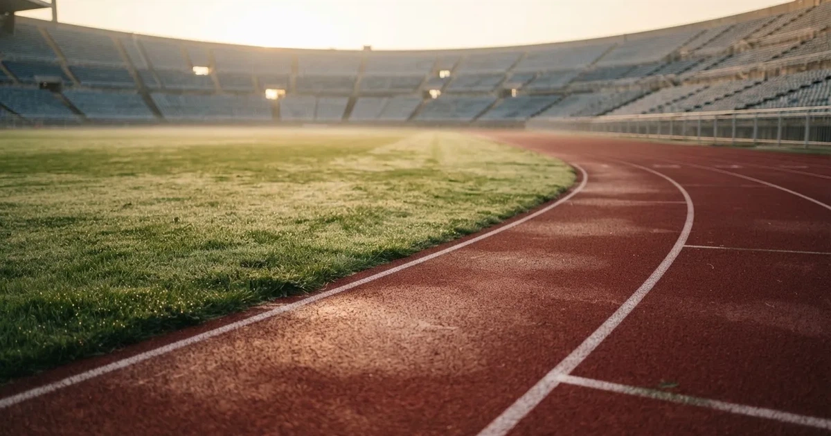 Eine rote Laufbahn in einem leeren Leichtathletikstadion, Morgentau liegt auf dem Rasen in der Mitte