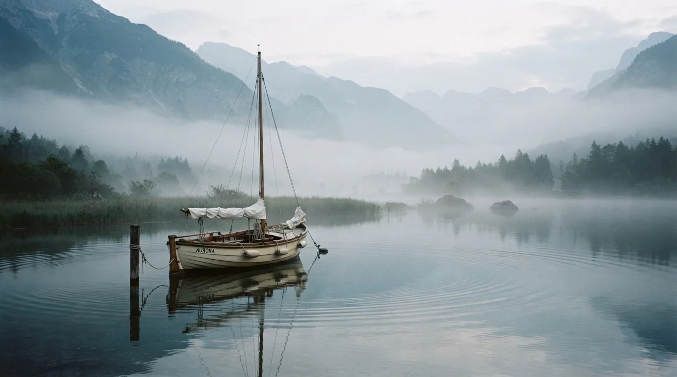 Ein kleines Segelboot auf einem ruhigen Bergsee, Nebel liegt am Ufer, die Berge verschwinden im Dunst