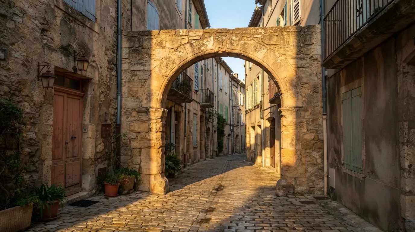 Ein steinerner Torbogen in einer Altstadtgasse, Morgensonne fällt schräg auf das Pflaster