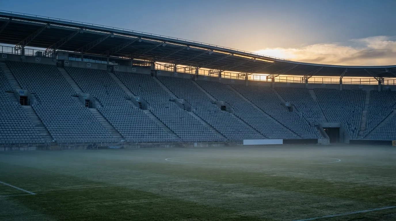 Eine leere Stadiontribüne bei Sonnenaufgang aus der Ferne, lange Schatten fallen über die Sitzreihen