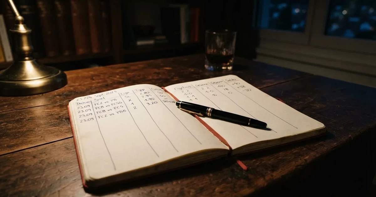 Ein Notizbuch mit handschriftlichen Spalten und ein Kugelschreiber neben einem Taschenrechner, Licht einer Schreibtischlampe