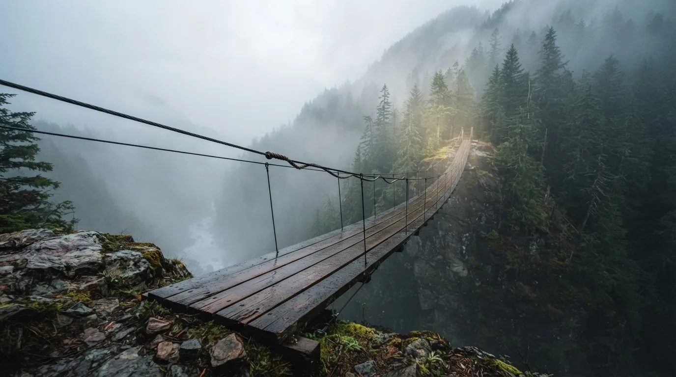 Eine Hängebrücke über eine Schlucht, Nebel steigt auf, dichter Wald bedeckt die steilen Hänge