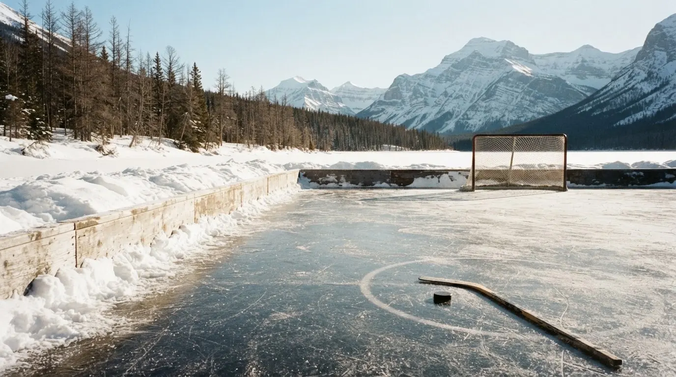 Ein Eishockeyfeld im Freien auf einem zugefrorenen See, Schneewehen an den Banden, klare Winterluft