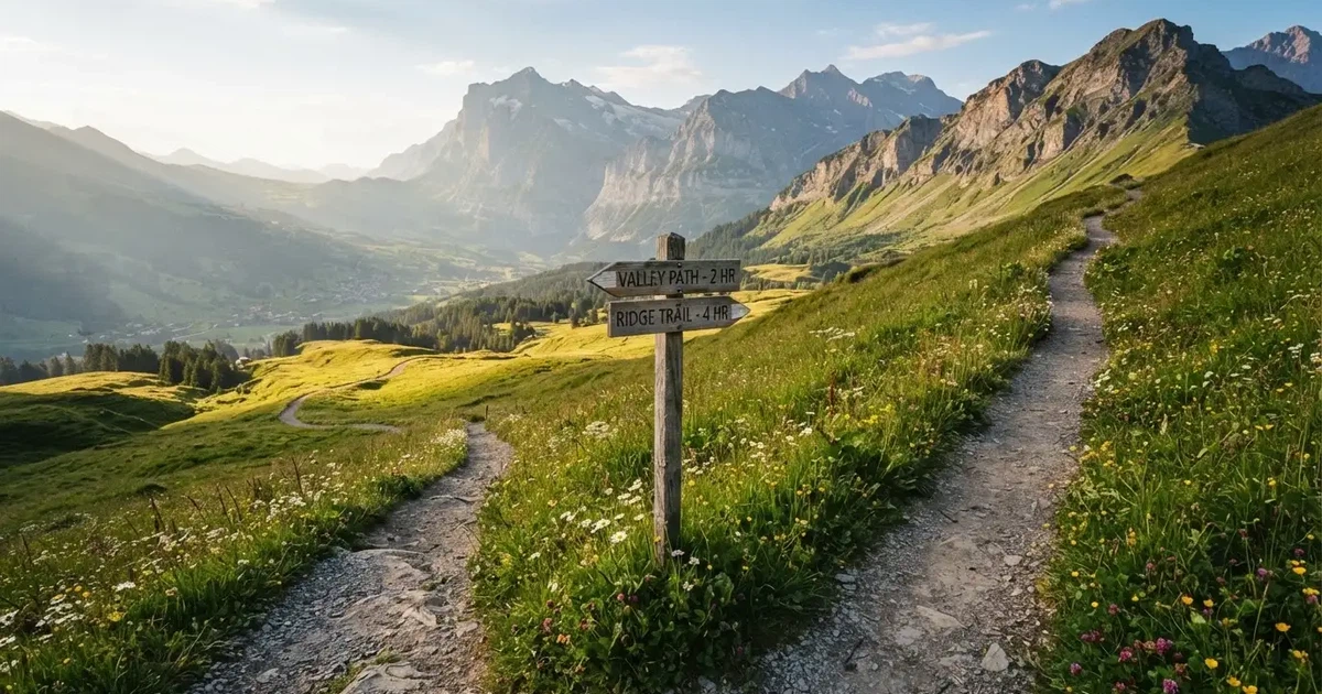 Zwei Wanderwege gabeln sich auf einer Wiese, dahinter steht eine Bergkette im Dunst